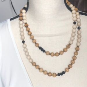 45” bead necklace, cream/tan/black